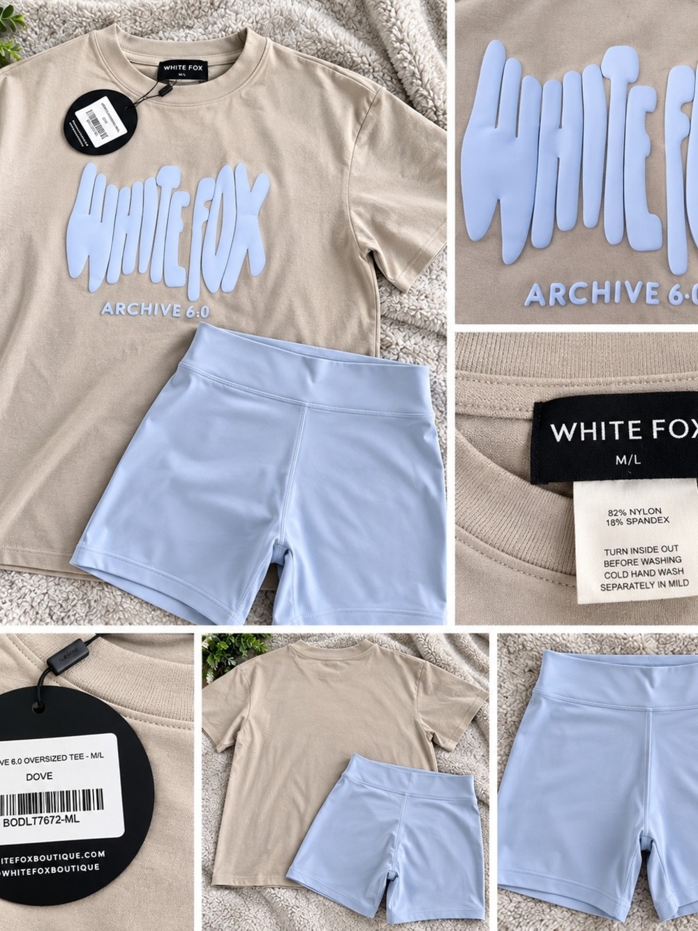 White Fox Boutique Dove Tee with Light Blue Bike Shorts